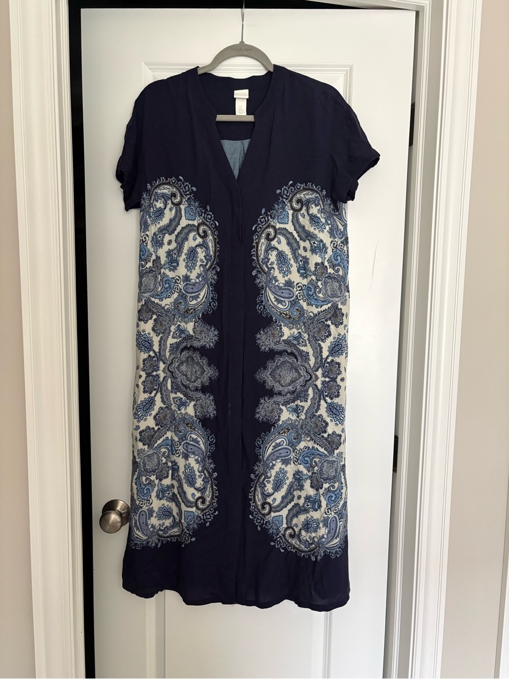 H&M Navy Blue Paisley Print Short Sleeve Dress Size 4 Boho Midi